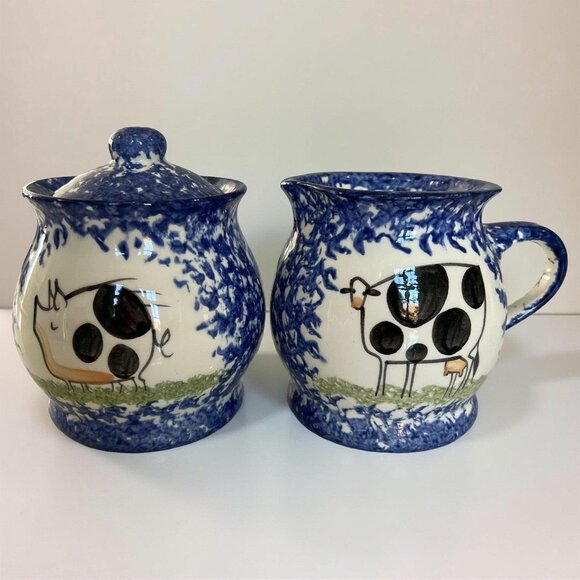 Molly Dallas Spatterware Pottery - Cream and Lidded Sugar Bowl Set - Signed - Picture 11 of 11